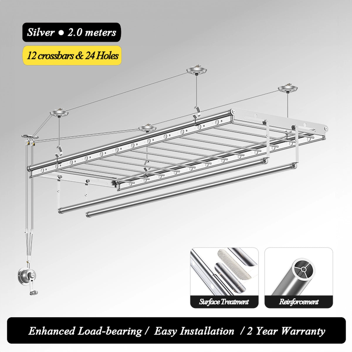 Diagram of EaseRack manual hand-crank ceiling clothes drying rack, 2.0 m, silver, with 12 crossbars and 24 holes plus close-up panels for surface finish and tube reinforcement.