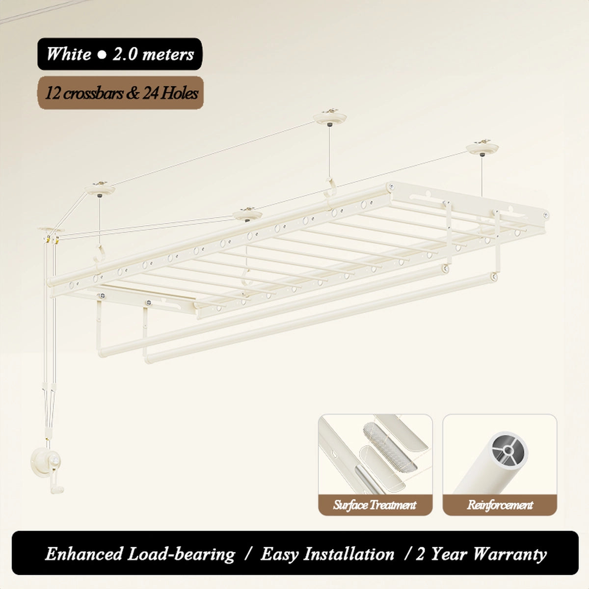 Diagram of EaseRack hand crank ceiling clothes airer, 2.0 m, white, featuring 12 crossbars and 24 hanging holes and detail insets for surface treatment and reinforcement.