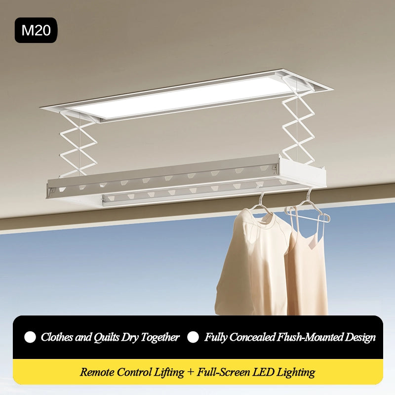 Easerack M20 ceiling mounted electric clothes drying rack with remote control lift, full-screen LED lighting, retractable rods, concealed flush-mounted design, safe stop on obstruction.