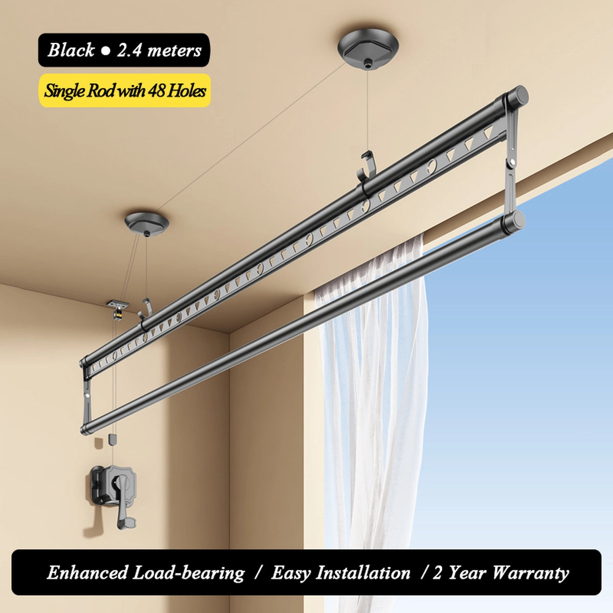 منشر ملابس أسود مثبت في السقف بطول 2.4 متر مع قضيب واحد و48 فتحة تعليق