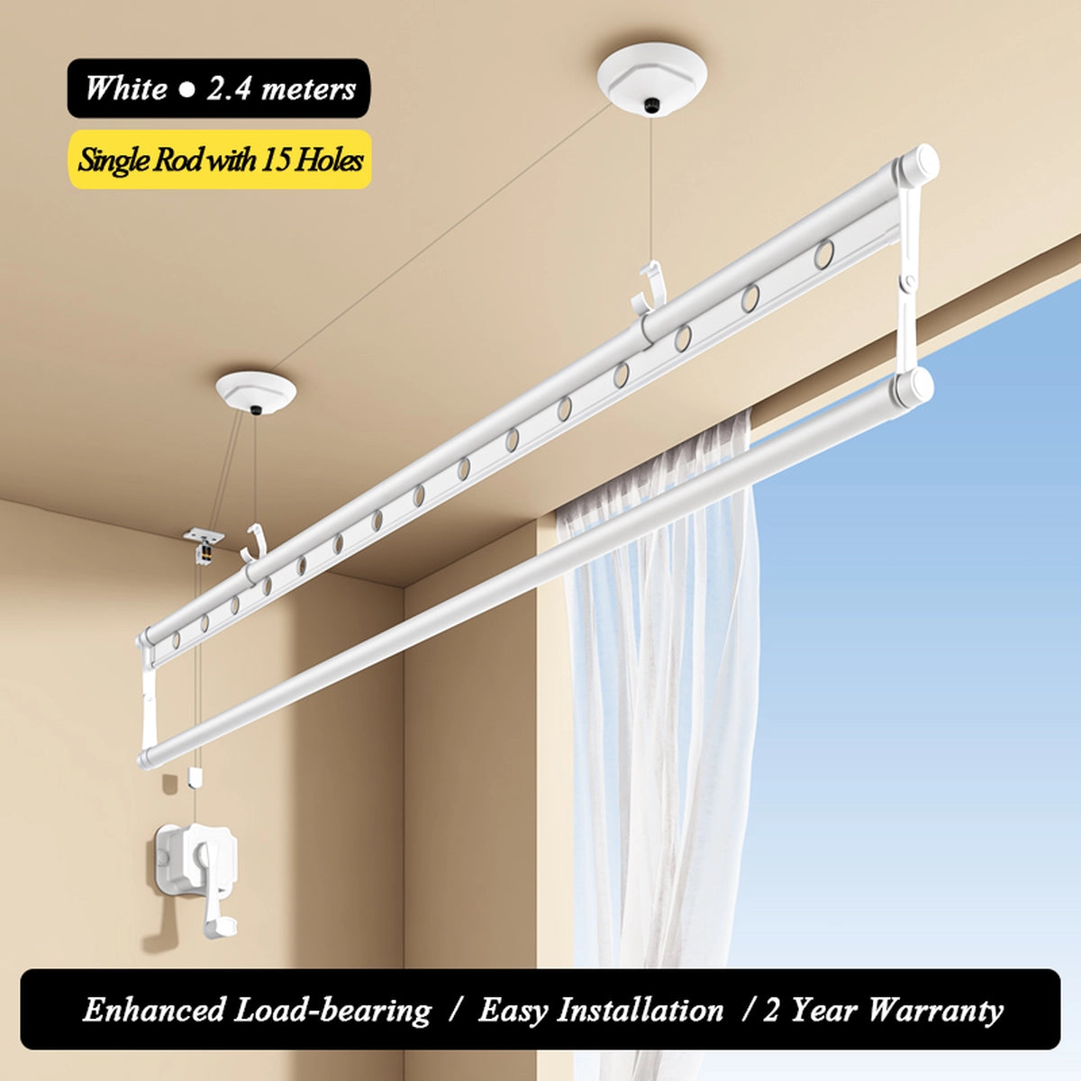 منشر ملابس أبيض اللون بطول 2.4 متر يتم تثبيته على السقف ويتم تحريكه يدويًا بقضيب واحد يحتوي على 15 فتحة.