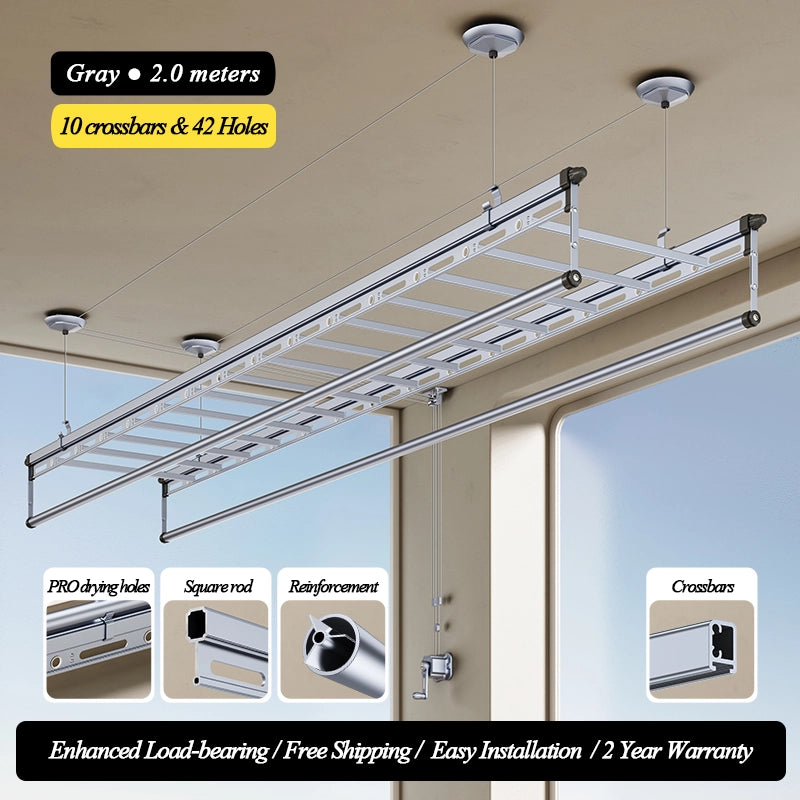 2.0M manual ceiling drying rack in gemstone gray with 10 horizontal bars and 42 drying holes, includes quilt bar and reinforced load-bearing design.