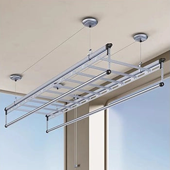 Hand-crank ceiling mounted clothes drying rack installed on gypsum ceiling balcony.