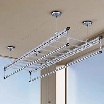 Hand-crank clothes drying rack mounted on standard ceiling, ideal for everyday balconies.