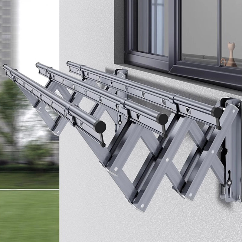 Stylish grey wall-mounted folding drying rack matching aluminum windows