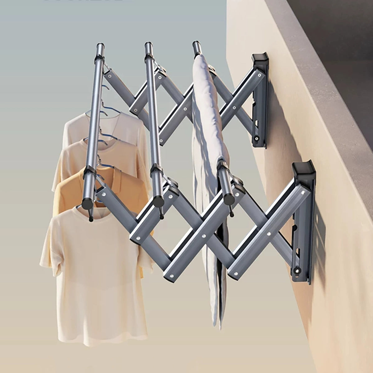 EaseRack wall-mounted retractable drying rack installed with the drying rails above the folding arms for a higher hanging position.
