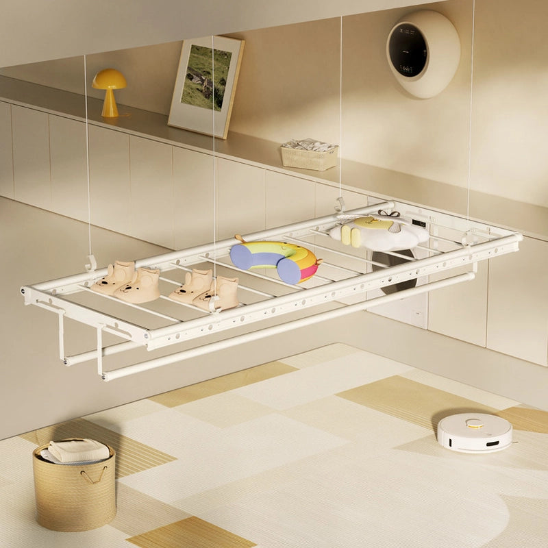 Laundry items drying across the crossbars of the ceiling clothes airer.