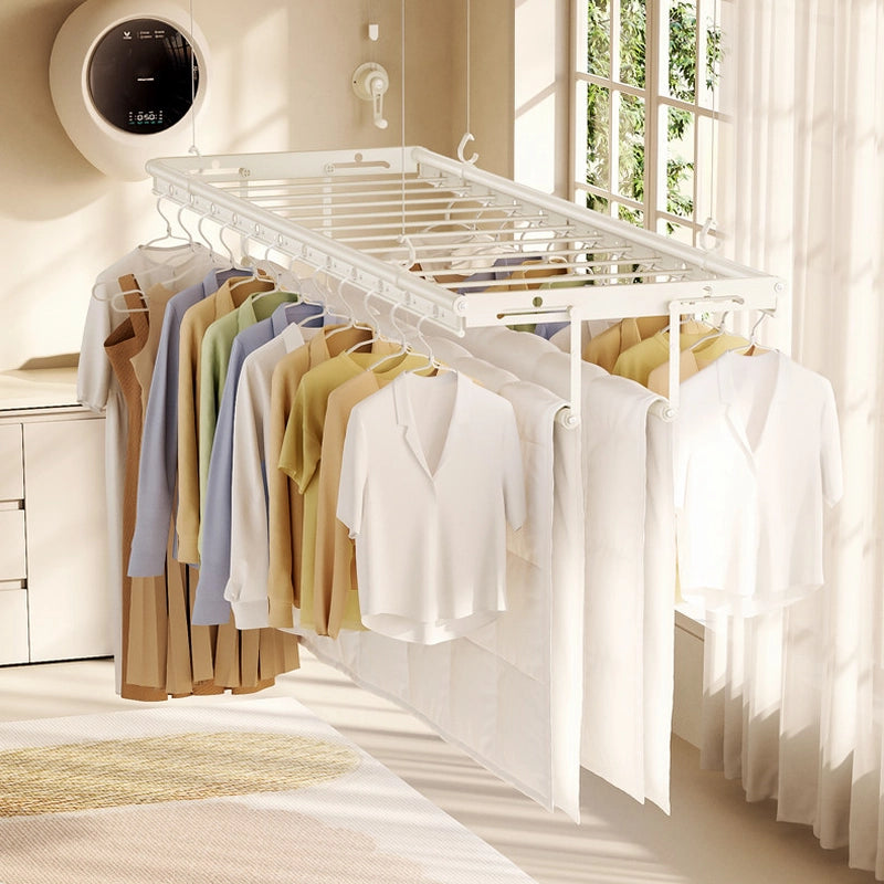 Sheets and larger laundry hanging from the lower drying rods.