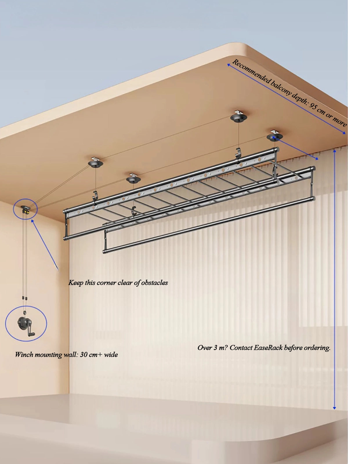 Multi-Rod Ceiling Clothes Airer installation space guide showing balcony depth, winch wall space, corner clearance and ceiling-height requirements