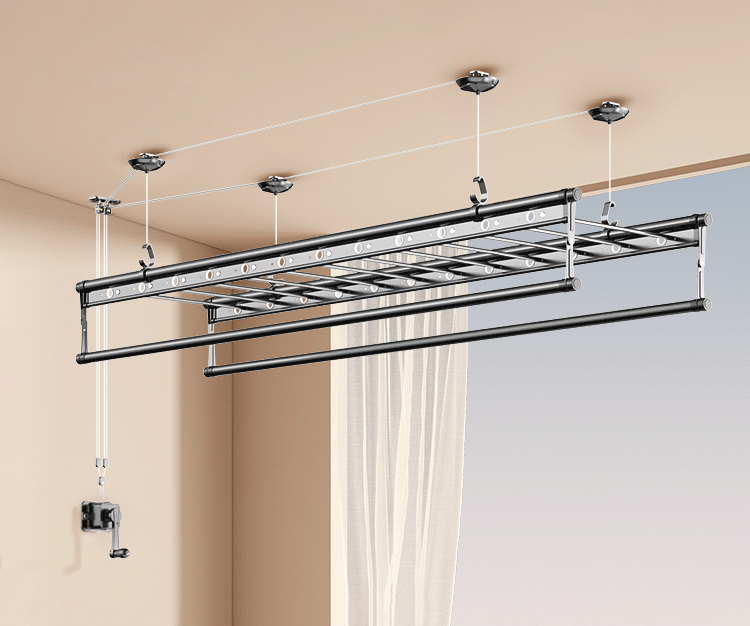 Multi-Rod Ceiling Clothes Airer showing the manual crank, wire rope and pulley system used to raise and lower the complete rack