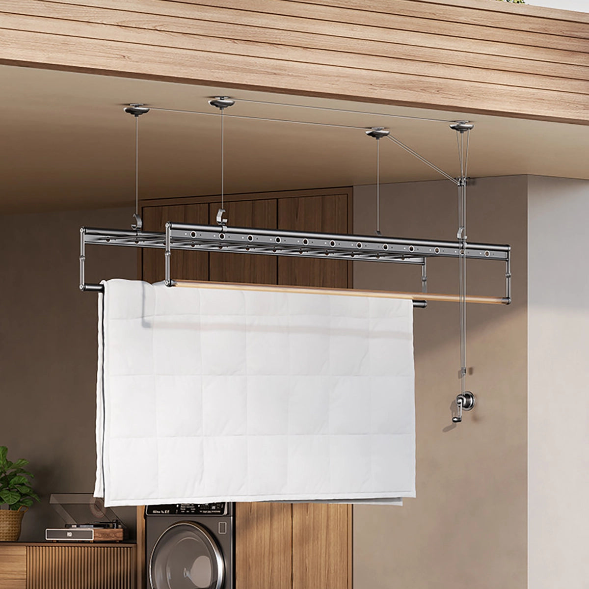 Multi-Rod Ceiling Clothes Airer showing the main hanging rods, crossbars, lower drying rails and ceiling suspension system