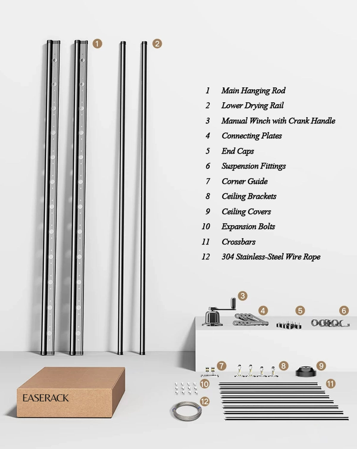 What’s included with the Multi-Rod Ceiling Clothes Airer, including main hanging rods, lower drying rails, crossbars, manual winch, ceiling fittings and wire rope