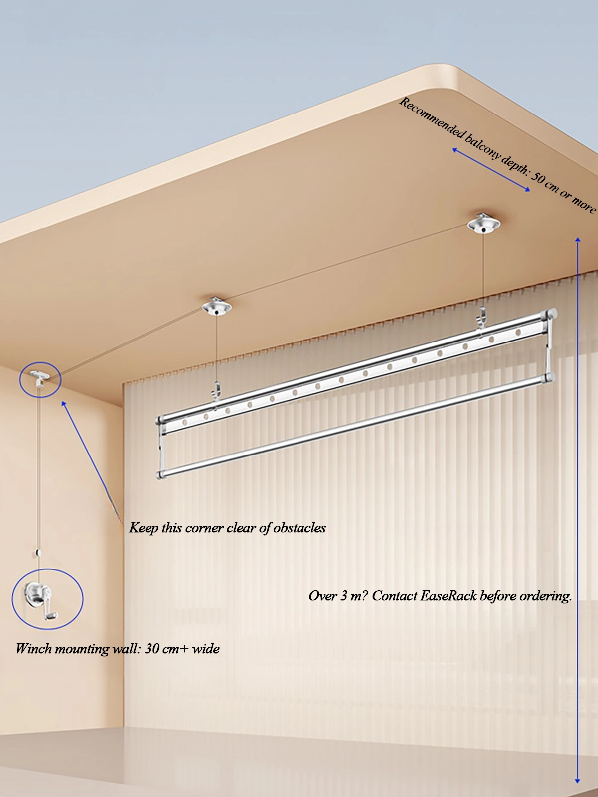 Single-Rod Ceiling Clothes Airer installation space guide showing balcony depth, wall space and ceiling-height requirements