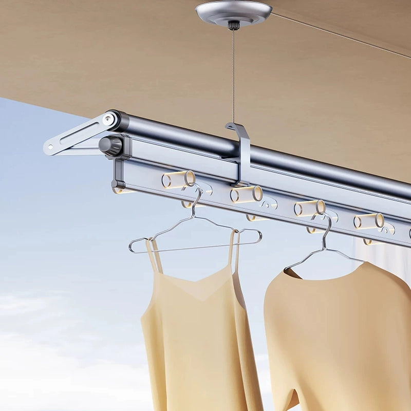 Close-up of Square-Rod main rail with dedicated hanger holes holding two clothes hangers