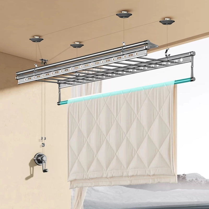 Square-Rod ceiling clothes airer with a blanket draped over the lower drying rod