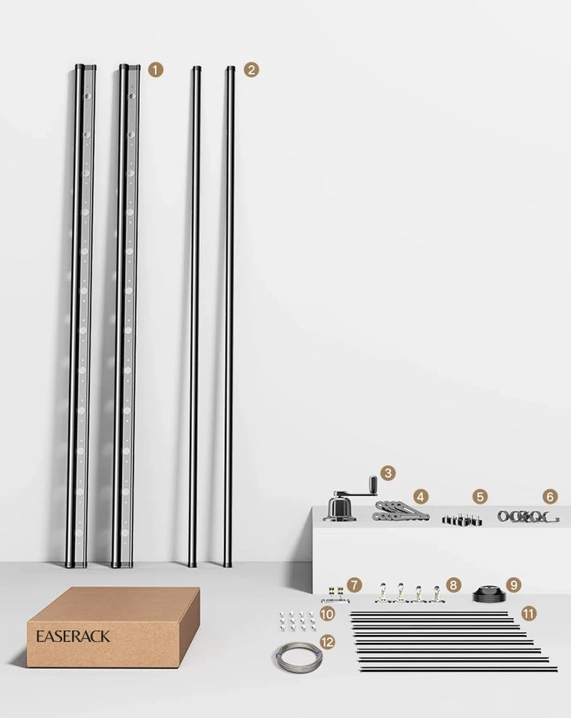 Square-Rod ceiling clothes airer package contents including main rods, lower drying rods, manual winch, wire rope and installation hardware