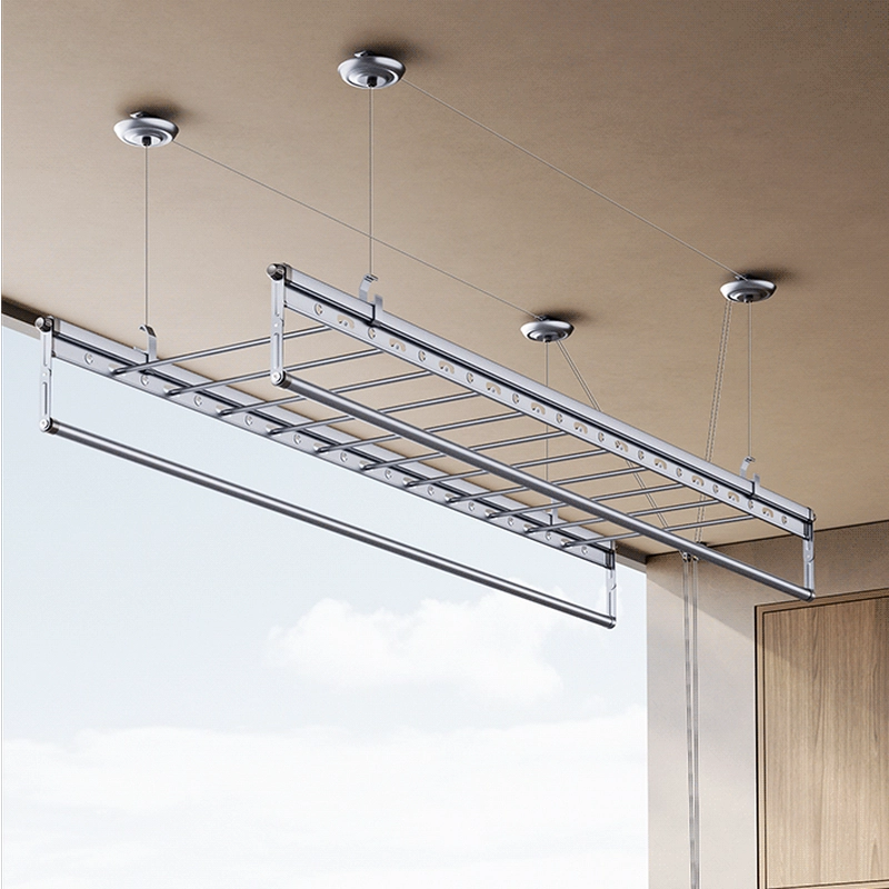 Square-Rod ceiling clothes airer installed below a plasterboard ceiling with suspension points fixed to the supporting structure