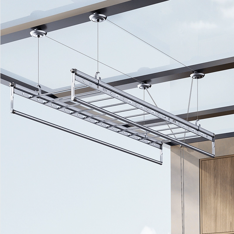 Square-Rod ceiling clothes airer installed beneath a glazed sunroom roof using structural roof framing