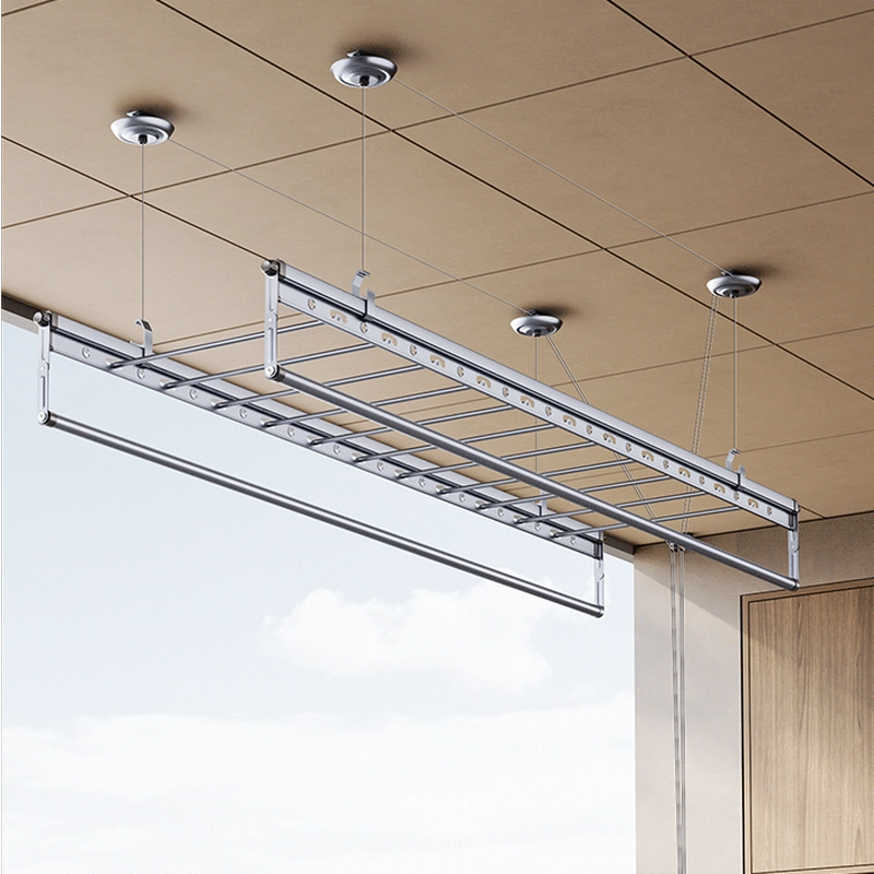 Square-Rod ceiling clothes airer installed below a suspended panel ceiling with structural fixing above