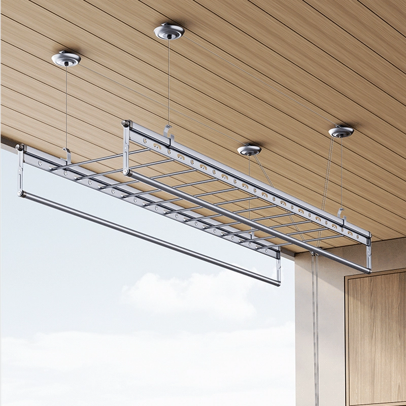 Square-Rod ceiling clothes airer installed below a timber ceiling with suspension points fixed into structural timber