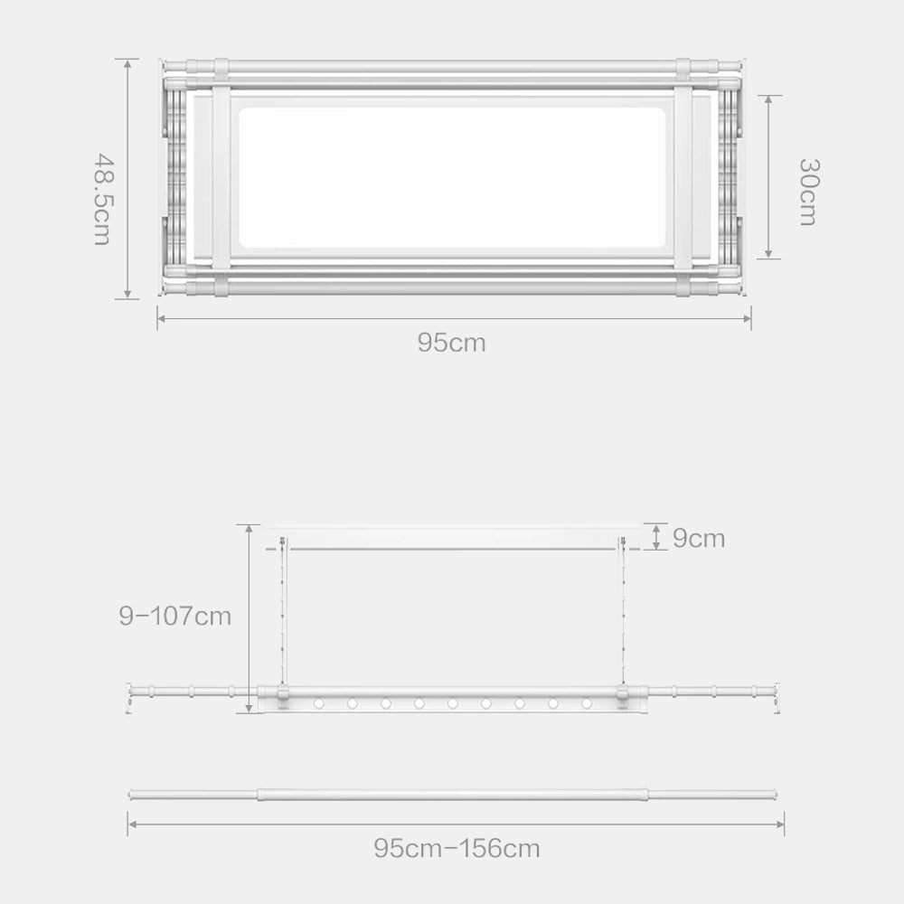 EaseRack V6 electric ceiling clothes airer dimensions showing 95 cm overall length, 48.5 cm width and 95–156 cm adjustable drying length