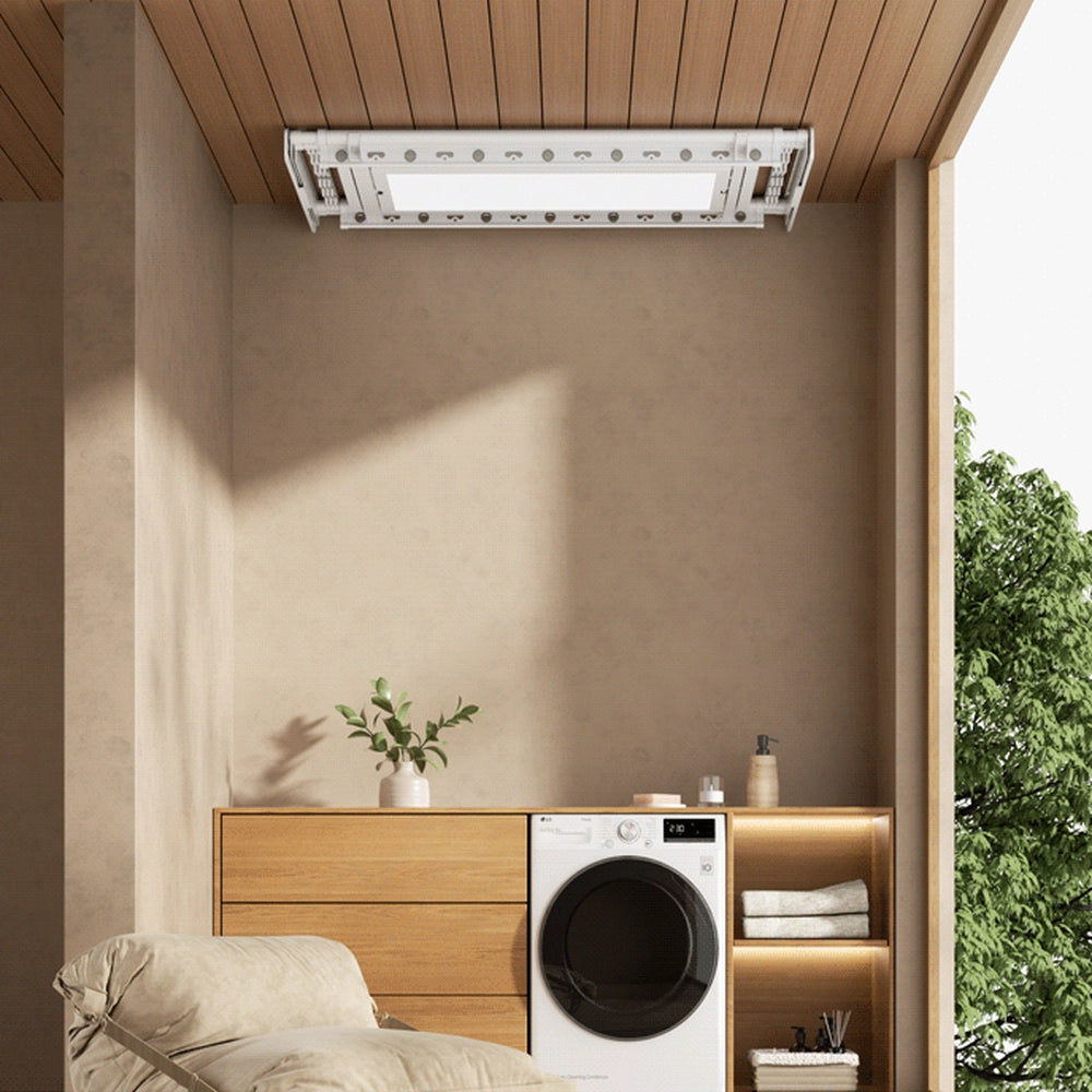 EaseRack V6 electric ceiling clothes airer installed in an indoor space with a wood-finished ceiling