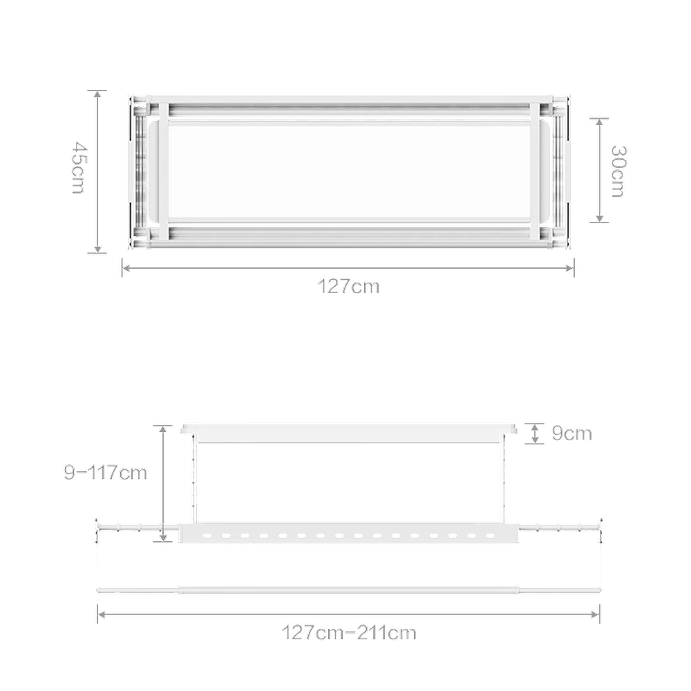 EaseRack V8 electric ceiling clothes airer dimensions showing 127–211 cm adjustable drying length and main frame position up to 117 cm below the ceiling