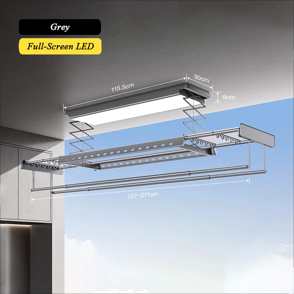 EaseRack V8 electric ceiling clothes airer in grey with 24W full-screen LED lighting