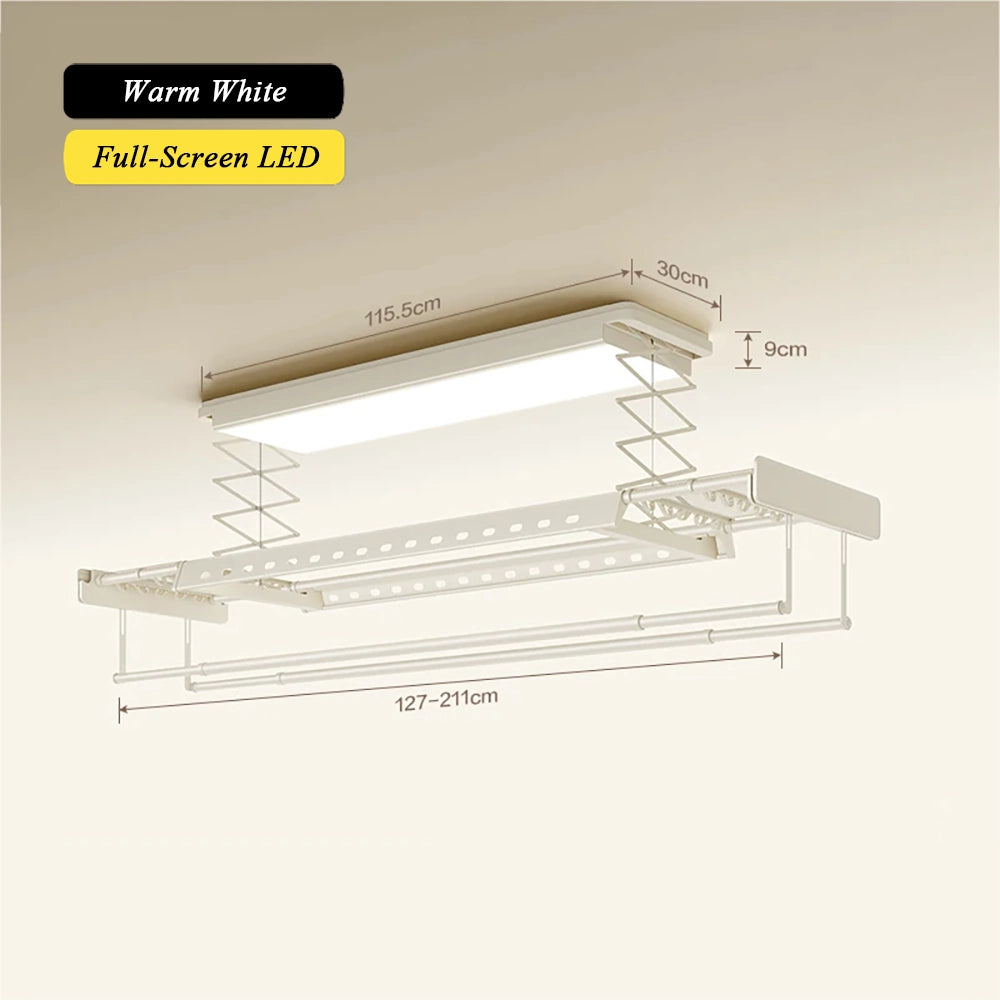 EaseRack V8 electric ceiling clothes airer in warm white with 24W full-screen LED lighting