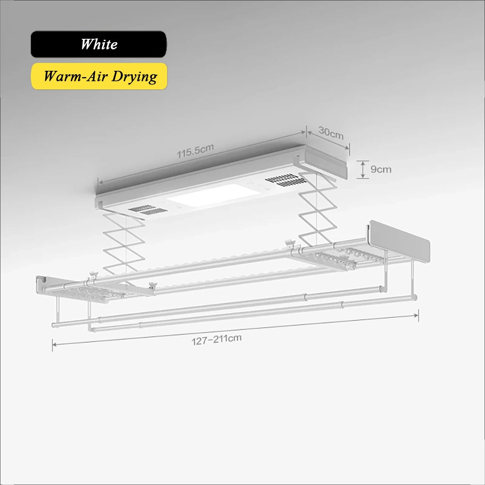 EaseRack V8 electric ceiling clothes airer in white with warm-air drying and 18W LED lighting